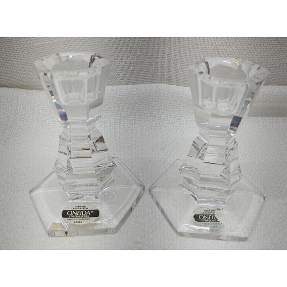 Vintage Rare Oneida Lead Crystal Set 2 Candlesticks Candle Holders - Picture 4 of 12